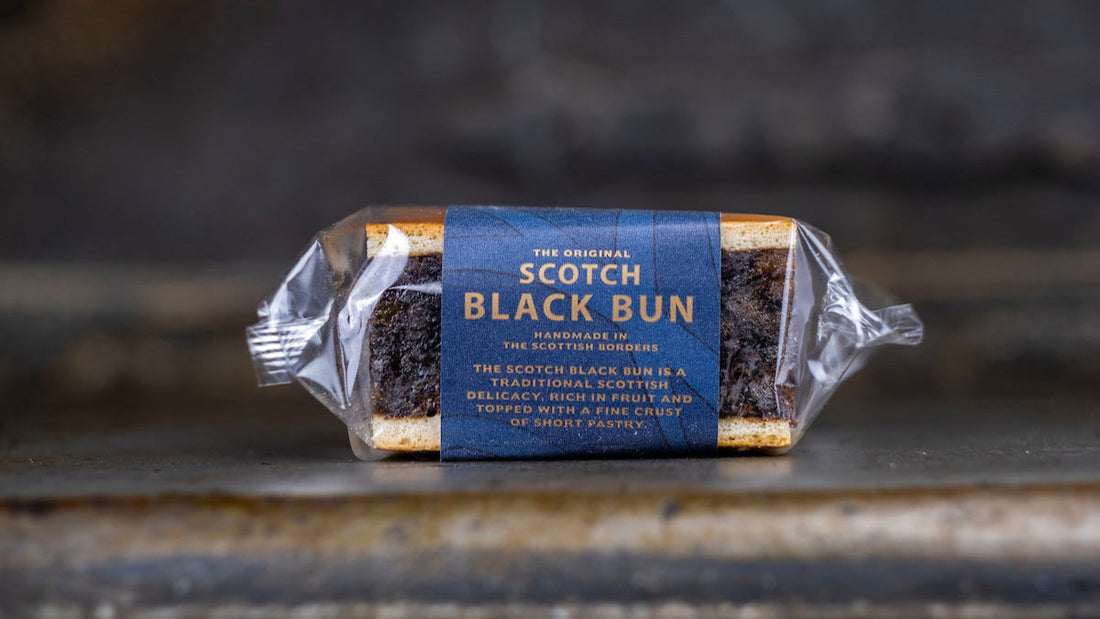 Traditional Scottish Black Bun fruit cake wrapped in pastry, a Hogmanay favourite